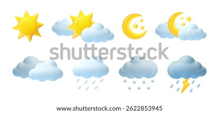 3d weather elements. Cartoon realistic forecast symbols. Render sun, moon, star, clouds, rain, snow, raindrops icons. Kids plasticine style. Web design season signs. Vector set.