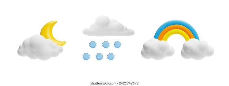 3D weather elements vector icon set. Cartoon moon, rainbow, snowflakes and fluffy clouds. Nature plasticine objects, render style design. Meteorology weather forecast realistic symbols