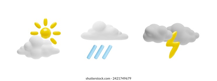 Juego de iconos vectoriales de elementos meteorológicos 3D. Nubes de ramificación blanca con relámpagos brillantes, sol y lluvia. Símbolos de pronóstico meteorológico de dibujos animados. 3D realista diseño de meteorología aislada elemento textura plasticina