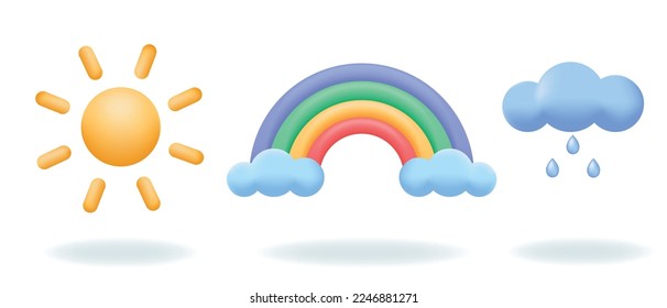 3d weather or forecast elements. Sun, rainbow and cloud with raindrops. Vector icons illustrations isolated on white background.