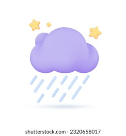 3D weather forecast icons Night with moon and clouds on a rainy day. 3d illustration