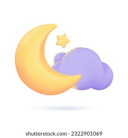 3D weather forecast icons Night with moon and clouds on a rainy day. 3d illustration