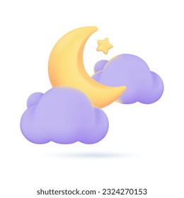 3D weather forecast icons Night with moon and clouds on a rainy day. 3d illustration