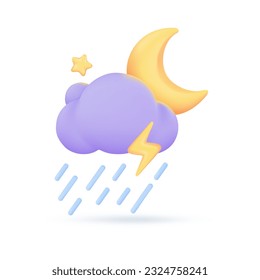 3D weather forecast icons Night with moon and clouds on a rainy day. 3d illustration