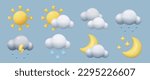 3d weather forecast icons set. Minimal cute toy three dimensional vector sky design elements collection. Sun moon ster cloud snowflake raindrop lightning bolt