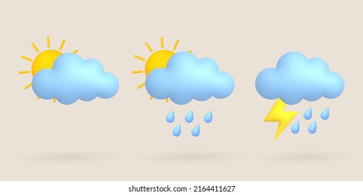 3D Wettervorhersage-Symbole gesetzt. Sonne, Regen, Wolke, Blitz, Gewitter. Vektorgrafik.