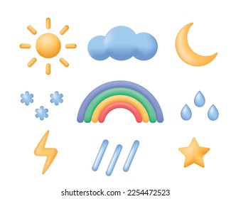 3d weather or forecast icons set. Sun, moon, star, rainbow, cloud, lightning, raindrops and snowflakes. Vector illustrations isolated on white background.