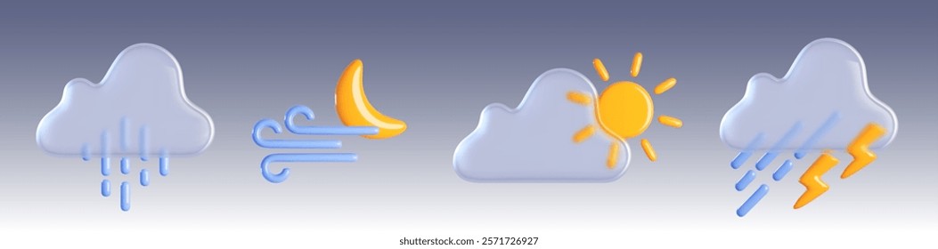 Ícones de previsão do tempo 3D definidos isolados no plano de fundo. Ilustração realista de vetor de sol, lua, nuvem, chuva, relâmpagos, sinais de vento, tempestade, chuva, símbolos de trovoada, site meteorologia ou app