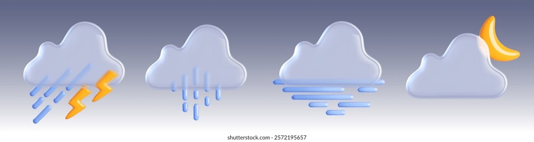 3d weather icon with cloud, rain and sun vector. Rainy and lightning forecast element set for app or widget interface. Meteorology concept for precipitation per day. Glass graphic with blue and yellow