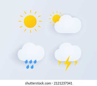 conjunto de ilustraciones de la colección de iconos del clima 3D. Sol, nube, viento, rayos, lluvia. Dibujo de vectores. Estilo dibujado a mano.