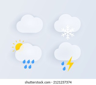 3D weather icon collection illustration set. Sun, cloud, snow, lightning, rain. Vector drawing. Hand drawn style.