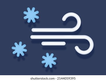 3D weather icon. Element for user interface of application with strong wind and snowfall. Cold and frost in winter season. Design for meteorological forecast. Cartoon realistic vector illustration