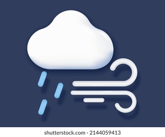 3D weather icon. Element for user interface of mobile application with cloud, strong wind and rain. Cold in autumn season. Design for meteorological forecast. Cartoon realistic vector illustration