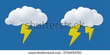 3d Weather icon Lightning. thunder cloud weather icon. Poster with white thundercloud, flash of lightning and thunder. 3d rendering. Vector illustration
