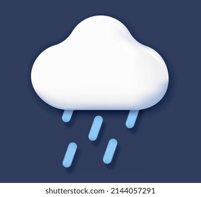 3D weather icon. Poster with white cloud, rain and drops. Cold and downpour in autumn season. Element for mobile application. Design for meteorological forecast. Cartoon realistic vector illustration