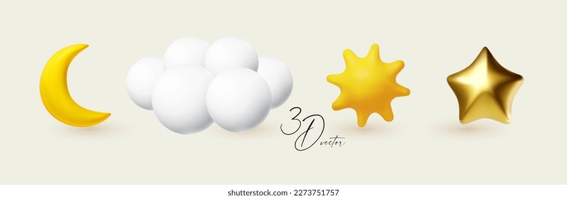 3D weather icon set. Crescent moon, cloud, sun and star