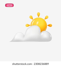 3d weather icon in the style of plastic cartoon. A solar disk with a cloud on a light background. Vector illustration.