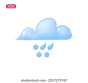 3d weather icon in the style of plastic cartoon. A snowflakes with a cloud and raindrops on a light background. Vector illustration.