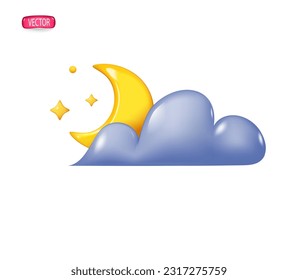 3d weather icon in the style of plastic cartoon. A yellow moon with a cloud and stars on a light background. Vector illustration.