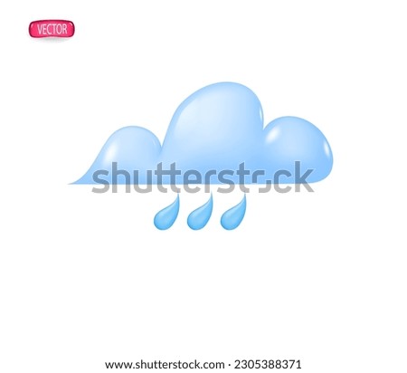 3d weather icon in the style of plastic cartoon. A blue cloud with raindrops on a white background. Vector illustration.