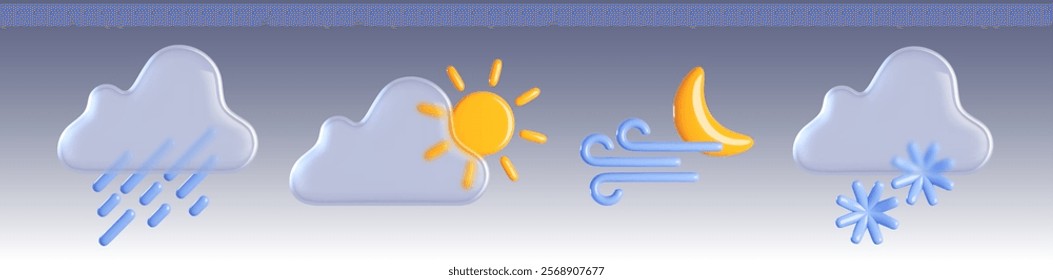 Ícone de tempo 3d para o sol, chuva e elemento de nuvem. Previsão de inverno chuvosa ou neve para a estação fria. Símbolo de vidro de meteorologia realista com floco de neve e conceito de projeto de widget de precipitação gota bonito