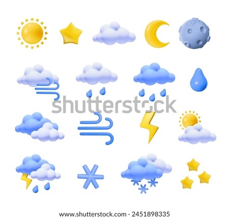 3d weather icons, Cartoon cloud, sun, moon drops and snowflakes. Wind symbol, raindrops. Isolated vector set