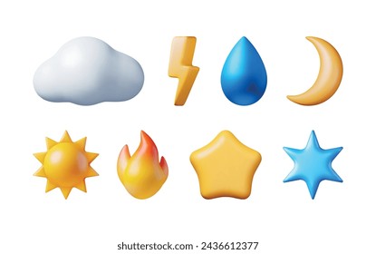 3d Weather Weather Icons Set Isolated. Render Collection Symbols of Nature. Fire, Cloud, Water Drop, Lighning, Sun, Moon, Star and Snowflake. Realistic Vector Illustration