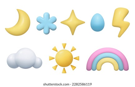 3d weather icons set. Sun, moon, cloud, rainbow, snowflake, raindrop, star and lightning bolt on white background. Realistic three dimensional clay weather design elements collection.