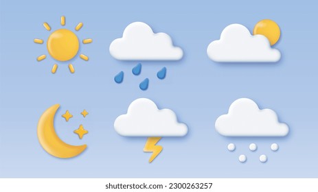 3D weather icons set. Sun, crescent with stars and clouds with lightning, rain. Weather forecast and meteorology. UI and UX design. Isometric vector collection isolated on blue background