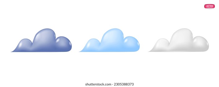 3d weather icons in the style of plastic cartoon. Three clouds on a white background. Vector illustration.