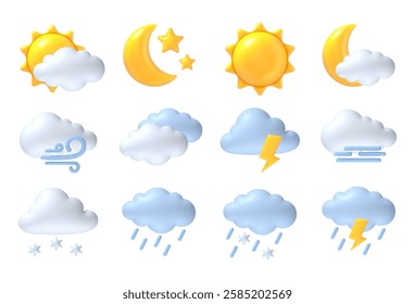 3d weather icons. Sun, moon and cloud, rain and wind, thunderstorm and fog, snow meteorological symbols for app. Sunny, rainy and windy, thunderstorm and snowy, foggy weather. Vector set.