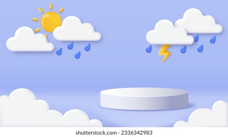 concepto de podio del clima 3D. Sol cerca de la nube con lluvia y rayos. Temporada de otoño y otoño. Comercialización y presentación de productos. Escenario y pedestal. Ilustración vectorial isométrica de dibujos animados