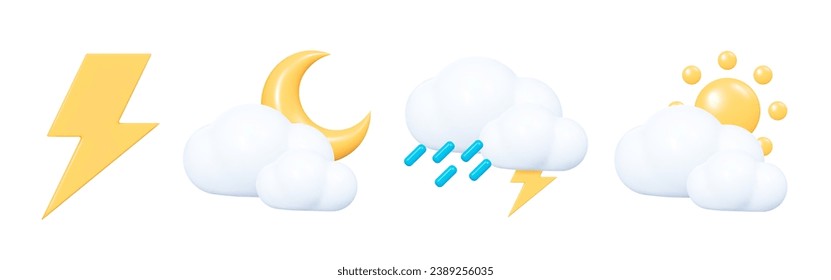 El clima 3D establece un icono emoji. Nube con sol, lluvia, luna y relámpagos. Símbolo gráfico de pronóstico metaico para aplicación y web. Icono de diseño creativo de dibujos animados aislado en fondo blanco. Ilustración vectorial 3D