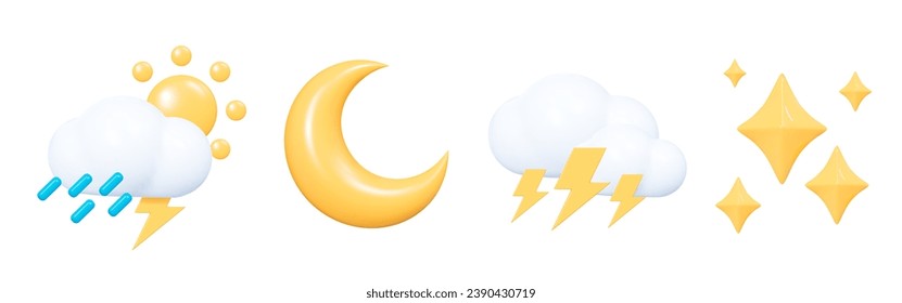 El clima 3D establece un icono emoji. Nube con sol, lluvia, luna y relámpagos. Símbolo gráfico de pronóstico metaico para aplicación y web. Icono de diseño creativo de dibujos animados aislado en fondo blanco. Ilustración vectorial 3D