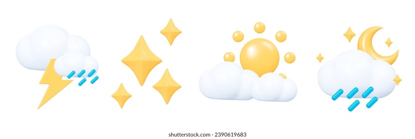 3D Weather set emoji icon. Cloud with sun, rain, moon and lightning. Meteo forecast graphic symbol for app and web. Cartoon creative design icon isolated on white background. 3D vector illustration