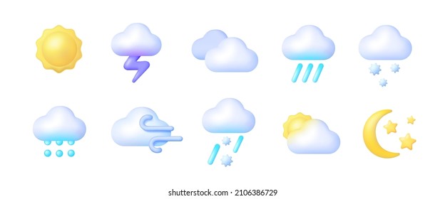 3d weather for web background design. Icon set cloud weather. 3d vector realistic objects. Vector illustration design element set. Isolated objects