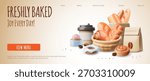 A 3D web banner featuring fresh baked goods, coffee, and a paper bag. Snack, breakfast, takeaway. For a bakery or coffee shop. Vector cartoon illustration. Space for text.