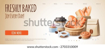 A 3D web banner featuring fresh baked goods, coffee, and a paper bag. Snack, breakfast, takeaway. For a bakery or coffee shop. Vector cartoon illustration. Space for text.