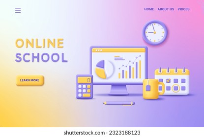 3d web banner online school. Render landing page for business school training, online education, courses, lectures, app learning, distance learning. 3d rendering icons on website vector illustration