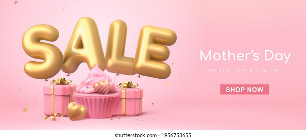 3d web banner template for Mother's Day or Valentine's Day. Minimal pink layout with sale word balloons, cup cake and gift boxes.