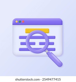 3D Web browser window with magnifying glass icon. 3D design of web searching concept Internet request. Vector illustration.