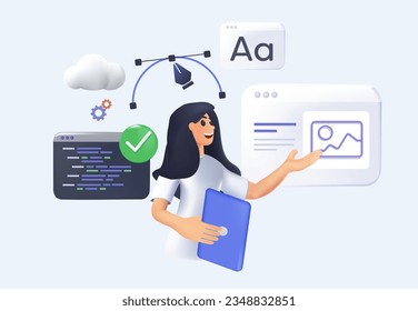 3D web designer. Web UI-UX design, web development concept. Webdesign, application design, coding, and web building on background. 3d Vector Illustration