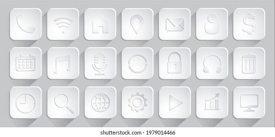 3d web icon button set. white square button vector. 