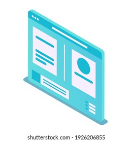 Icono de página web 3d. Página de Internet con inscripciones y el perfil de una persona. ilustración vectorial en estilo isométrico. aislado de fondo blanco. 