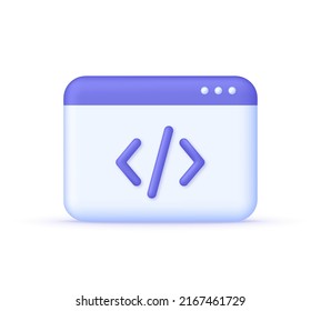 3D Web page and programming code icon isolated on white background. Development and software concept. Can be used for many purposes. Trendy and modern vector in 3d style.