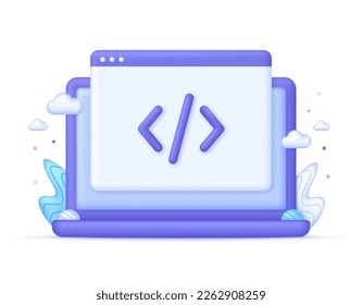 Icono de código de programación y página web 3D en Equipo. Concepto de desarrollo y software. Se puede usar para muchos fines. Vector moderno y de moda en estilo 3d.