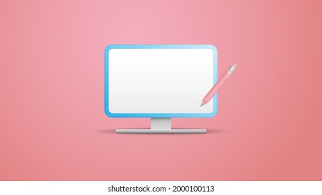 3D Web pc monitor Vector Illustrations. Online concept. flat monitor Computer with pen education concept. 