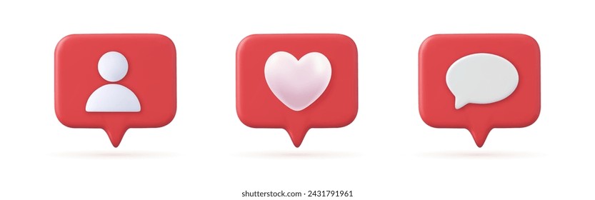 3d web Social media like icon concept. Comment and Follower. 3d rendering. Vector illustration.