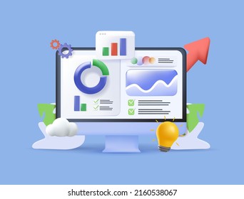 3D Web UI Interface. Data Analytics, SEO Optimization Dashboard And Business Finance Report. Investment Or Website SEO Screen PC Concept. Analytics Data KPI Dashboard Tech. Vector Illustrations