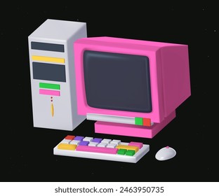 3D web vector illustration of computer in retro style. Vintage computer aesthetics Y2K.